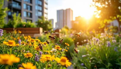 Urban garden buzzing with activity as bees pollinate flowers amidst the city , the growing trend of beekeeping in urban environments