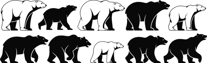 
A powerful collection of walking bear silhouettes, featuring black grizzly and white polar bears, an isolated vector set for impactful logos and wildlife icons.