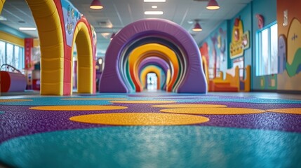 Colorful indoor playground with large soft arches and padded flooring designed for children"s play and safety.
