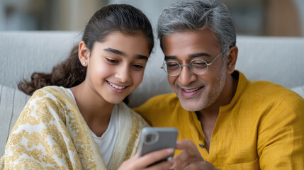 happy indian father and daughter using smartphone together at home