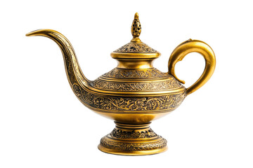 Ornate Golden Genie Lamp with Intricate Engravings isolated on transparent white background, clipping path