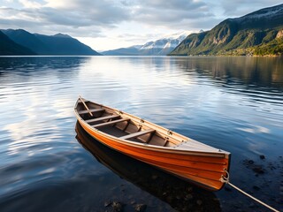 Obraz premium A small wooden rowing boat moored on a beautiful and very calm Norwegian fjord on a beautiful early summer day. cinematic photo
