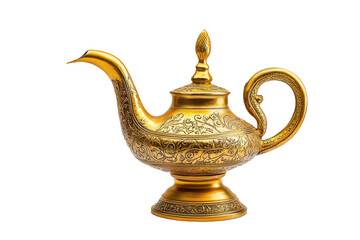 Ornate Golden Genie Lamp with Intricate Engravings isolated on transparent white background, clipping path
