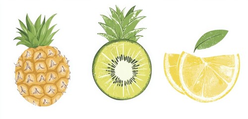 retro fruit posters set with kiwi lime pineapple and lemon