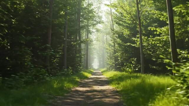 Walk along a scenic path where sunlight breaks through trees and lush greenery.