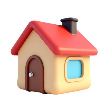 A small cartoon house with a red roof and a black chimney top isolated on transparent background