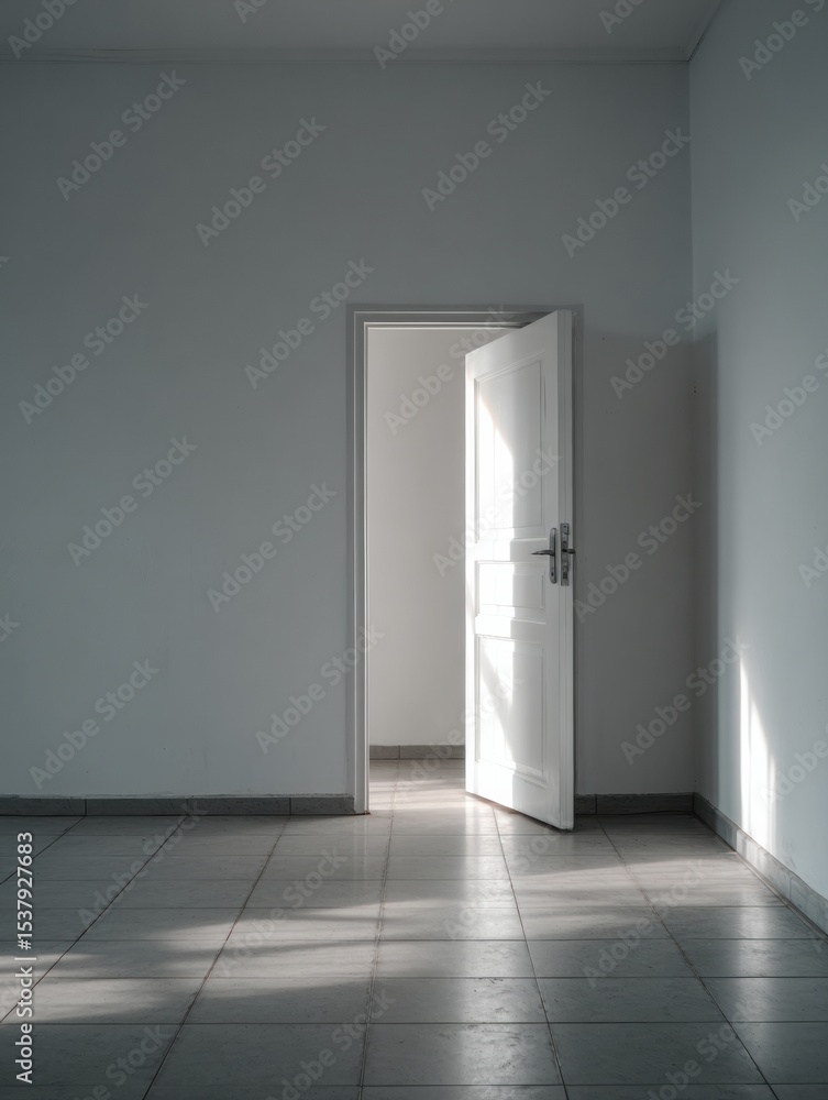 Poster unexpected door in smooth white wall ajar with light illuminating soft space