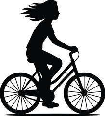 Obraz premium Silhouette girl riding a bicycle black and white vector illustration
