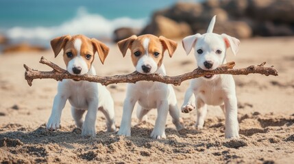 Trio of puppies enthusiastically hold a twig on a sandy beach with a blurred background