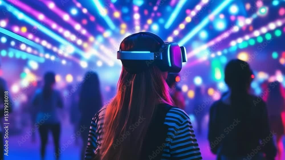 Poster a person wearing a virtual reality headset surrounded by colorful lights and a crowd, creating a vib