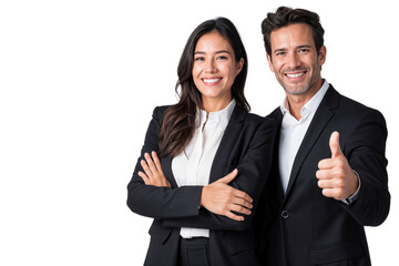 Smiling business couple with thumbs up gesture, isolated on transparent background. Success and teamwork concept