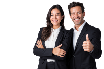 Smiling business couple with thumbs up gesture, isolated on transparent background. Success and teamwork concept