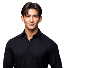 Studio portrait of a handsome young Asian man wearing a black shirt isolated on transparent background. Modern fashion and charm concept