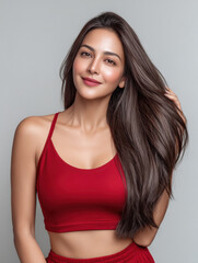 indian woman in a red crop top strokes her long, smooth, shiny, healthy hair against a soft grey background