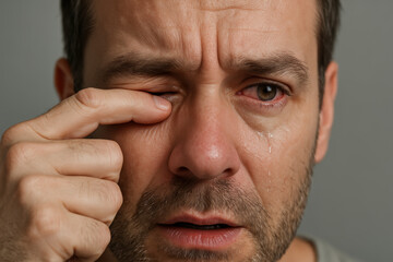 Obraz premium Distressed man with teary eyes touching face, expressing sadness and emotional pain