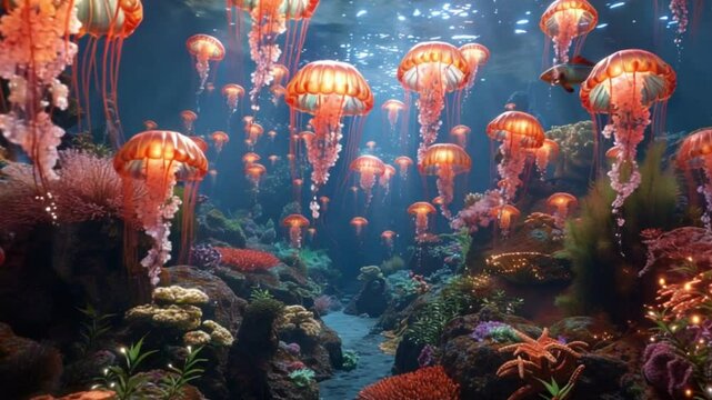Very realistic and glowing deep sea coral reef with jellyfish