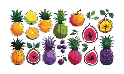 Vector illustration hand drawn featuring a diverse collection of colorful fruits (a playful lemon, papaya, apple), cool purples and blues (grapes, plums, blueberries, easily editable.