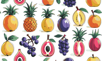 Vector illustration hand drawn featuring a diverse collection of colorful fruits (a playful lemon, papaya, apple), cool purples and blues (grapes, plums, blueberries, easily editable.