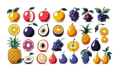 Vector illustration hand drawn featuring a diverse collection of colorful fruits (a playful lemon, papaya, apple), cool purples and blues (grapes, plums, blueberries, easily editable.