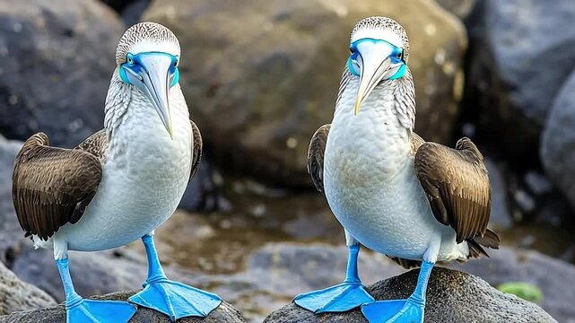 Two blue-footed booby birds standing on rocks near the shoreline.