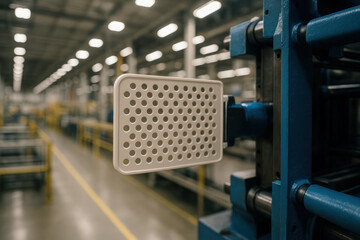 Modern industrial machine with perforated metal safety guard in automated factory manufacturing environment