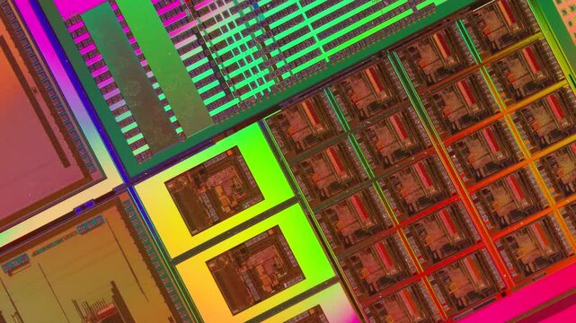 Silicon Wafer with microchips used in electronics for the fabrication of integrated circuits.
