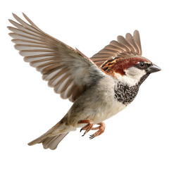 House Sparrow in flight with wings spread on white.