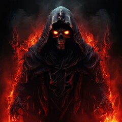 an AI Image Generator, Eerie Hooded Skeleton Figure Surrounded by Fiery