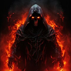 an AI Image Generator, Eerie Hooded Skeleton Figure Surrounded by Fiery