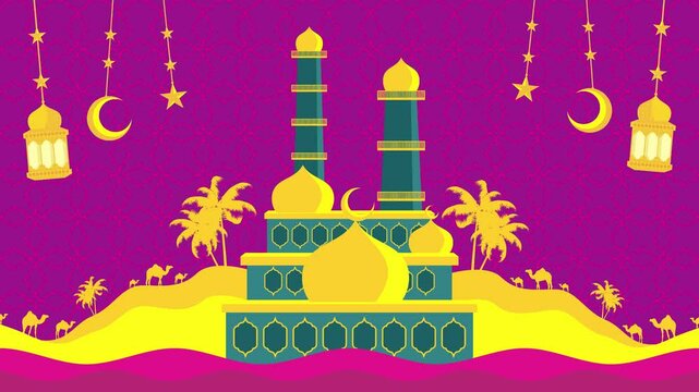 Animation of a large Islamic mosque with palm trees, stars, and lanterns in a night desert setting. Designed for festive Islamic visuals and holiday greetings.