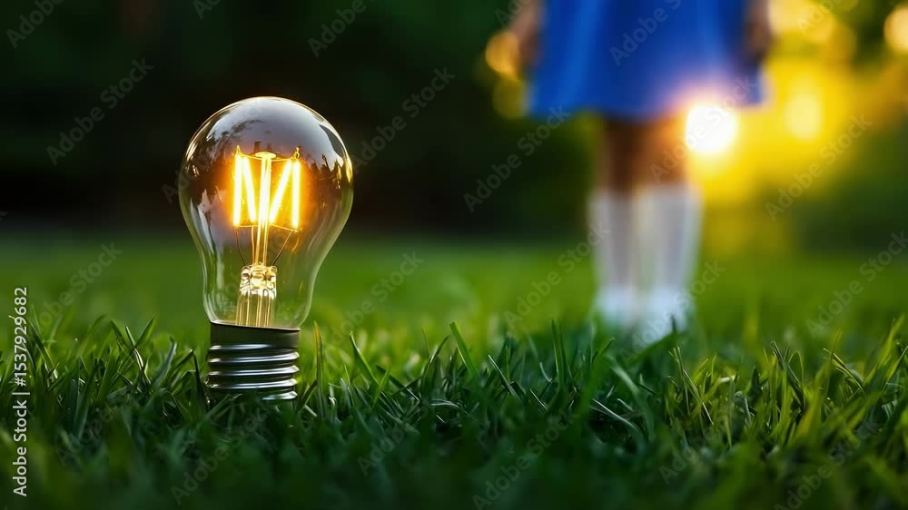Poster a light bulb placed on grass with sunlight creating a warm glow in the background.