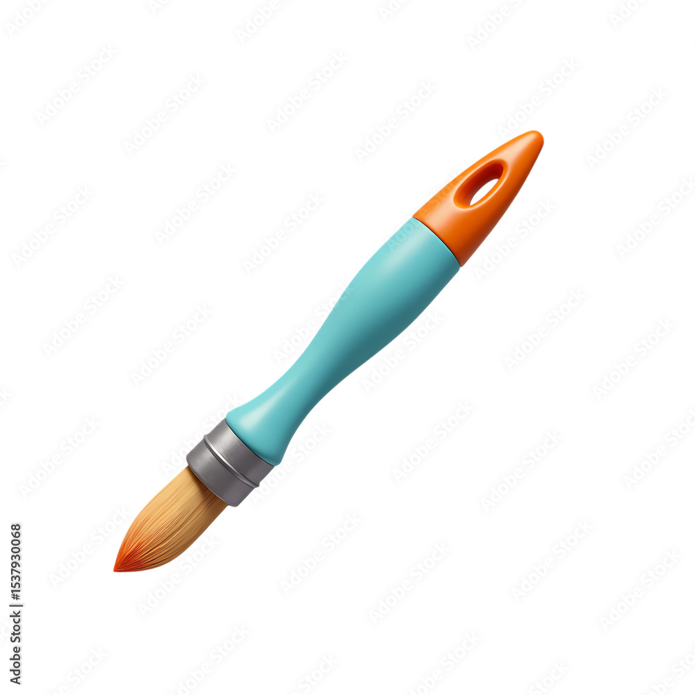 Poster a single paintbrush with blue handle and orange top angled view isolated on transparent background