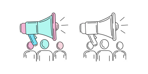 Engage your audience with this megaphone and crowd icon. Ideal for public speaking, marketing campaigns, announcements, and broadcasting messages. Vector illustration.