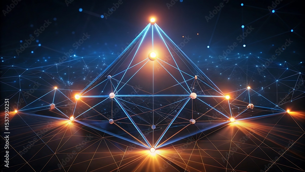 Poster glowing pyramid network with connecting nodes on grid floor, futuristic symbol of energy and intelli