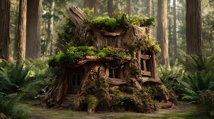 A whimsical tree stump house covered in lush greenery nestled in a dense forest setting outdoors