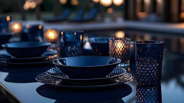 A beautifully set outdoor dining table at dusk, featuring navy blue dinnerware and candles.