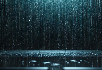 Heavy Rain: Dark and moody image of heavy rainfall with water droplets and puddle on ground. Ai generated image