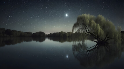 Serene Night Landscape Starry Sky Over a Calm Lake with a Weeping Willow Reflection