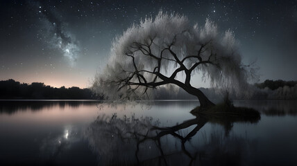 Serene Night Landscape White Tree Reflecting in a Dark Lake Under a Starry Sky