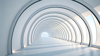 Floating tunnel-like ribbons made from fragmented line segments forming curved 3D flows on white background, each bending uniquely with soft lighting, cinematic and abstract with no UI elements