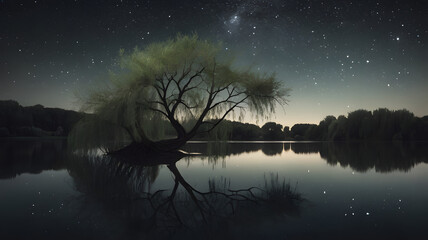 Serene Nightscape Weeping Willow Tree Reflected in a Dark Lake Under a Starry Sky