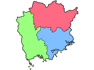 Obraz premium 少しゆるい岡山県地図 地域色分け 中国地方 西日本