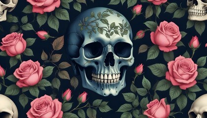 Intricate gothic rose and skull pattern, blending beauty with a touch of darkness.
