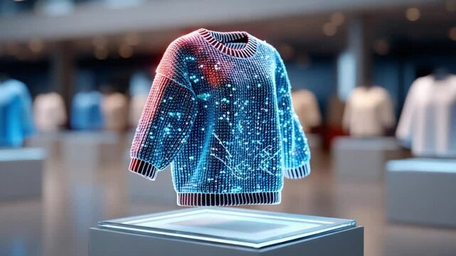 Ethereal Sweater: A digitally-rendered sweater floats on a pedestal, glowing with cosmic energy and futuristic design, showcasing innovative fashion.