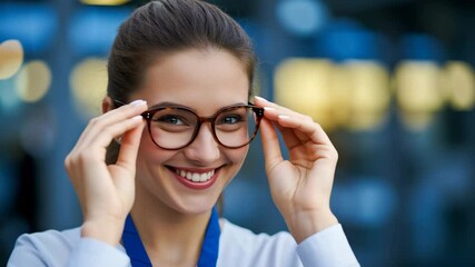 Young woman adjusting glasses and smiling in a modern office - Powered by Adobe