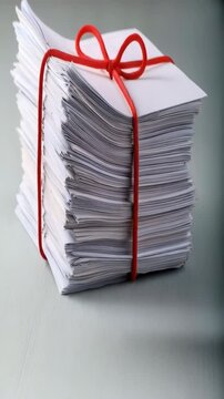 Neatly Stacked Blank Papers Bound with Red String on a Light Surface