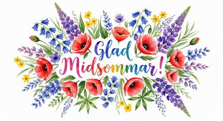 A greeting card for Swedish midsummer celebration, decorative lettering text "Glad Midsommar!" on swedish language