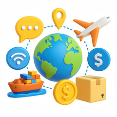 Image depicts globe surrounded by various icons representing