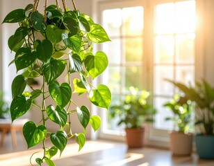 Hanging pothos plant in bright, sunlit room
