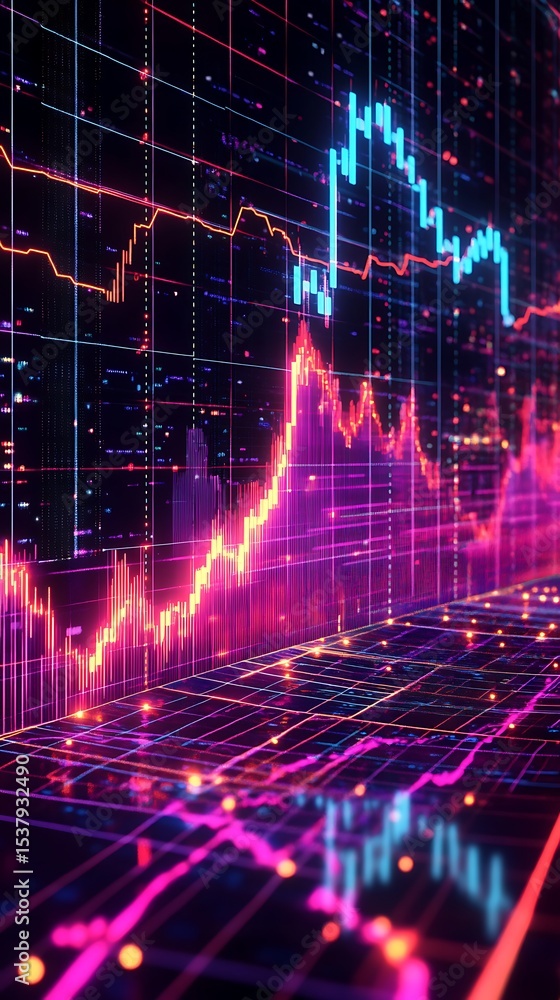 Poster glowing data analysis shows blue and red line charts displayed on black and purple grids